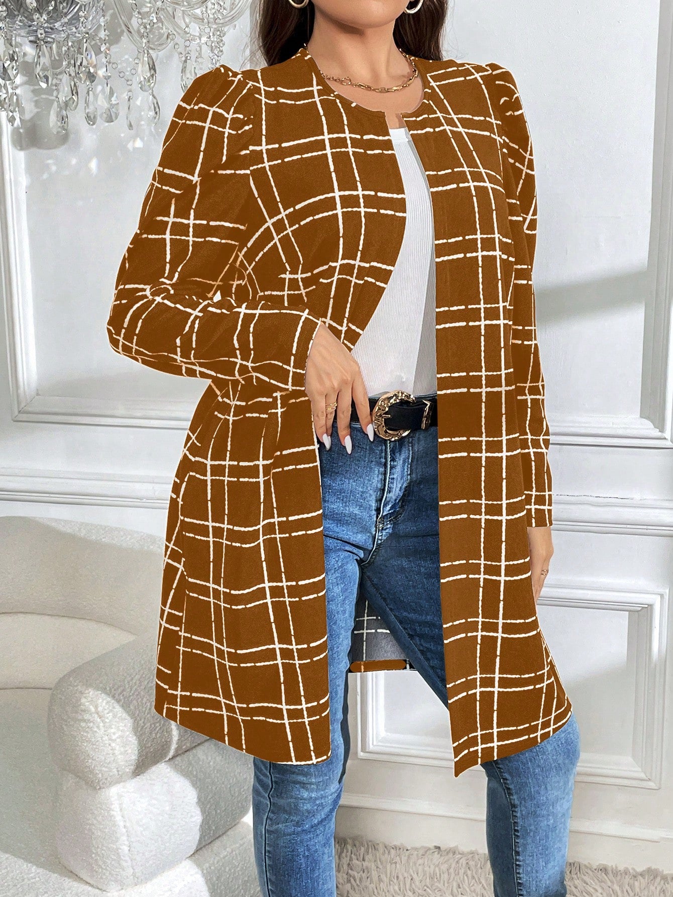 جاكيت كاجوال بأكمام طويلة بطبعة مربعات مقاس كبير