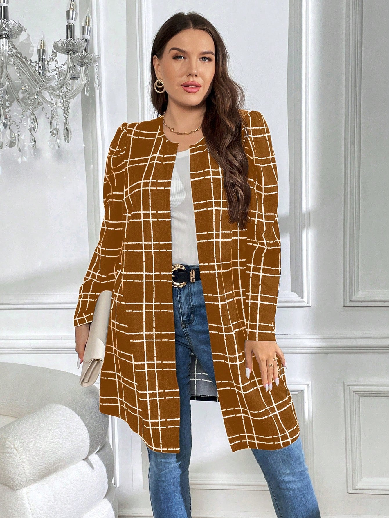 جاكيت كاجوال بأكمام طويلة بطبعة مربعات مقاس كبير