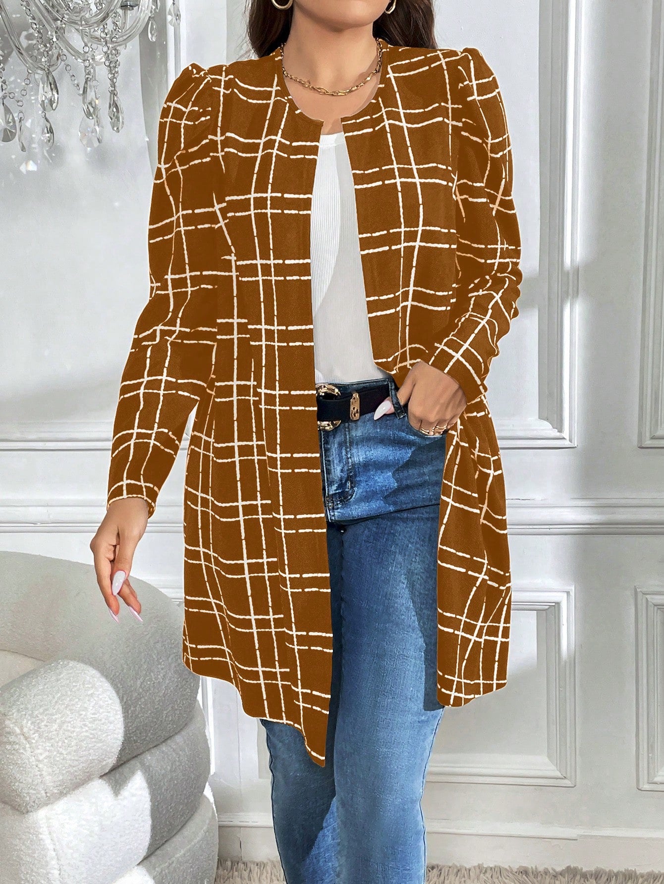 جاكيت كاجوال بأكمام طويلة بطبعة مربعات مقاس كبير