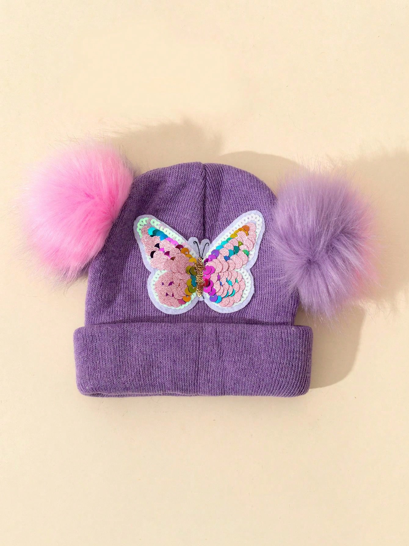 قبعة محبوكة للأطفال الصغار ذات لونين بكرات للزينة