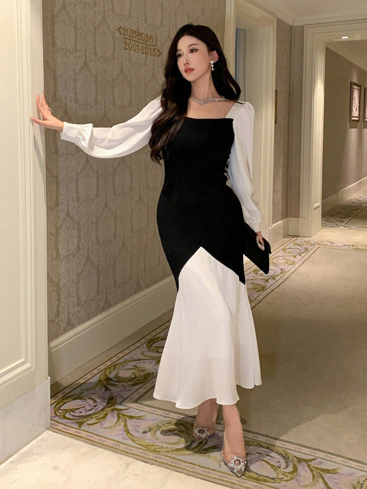 فستان إلهام عودة إلى البيت بتصميم ذيل سمكة وتكتيلات ملونة للنساء ، للربيع والخريف