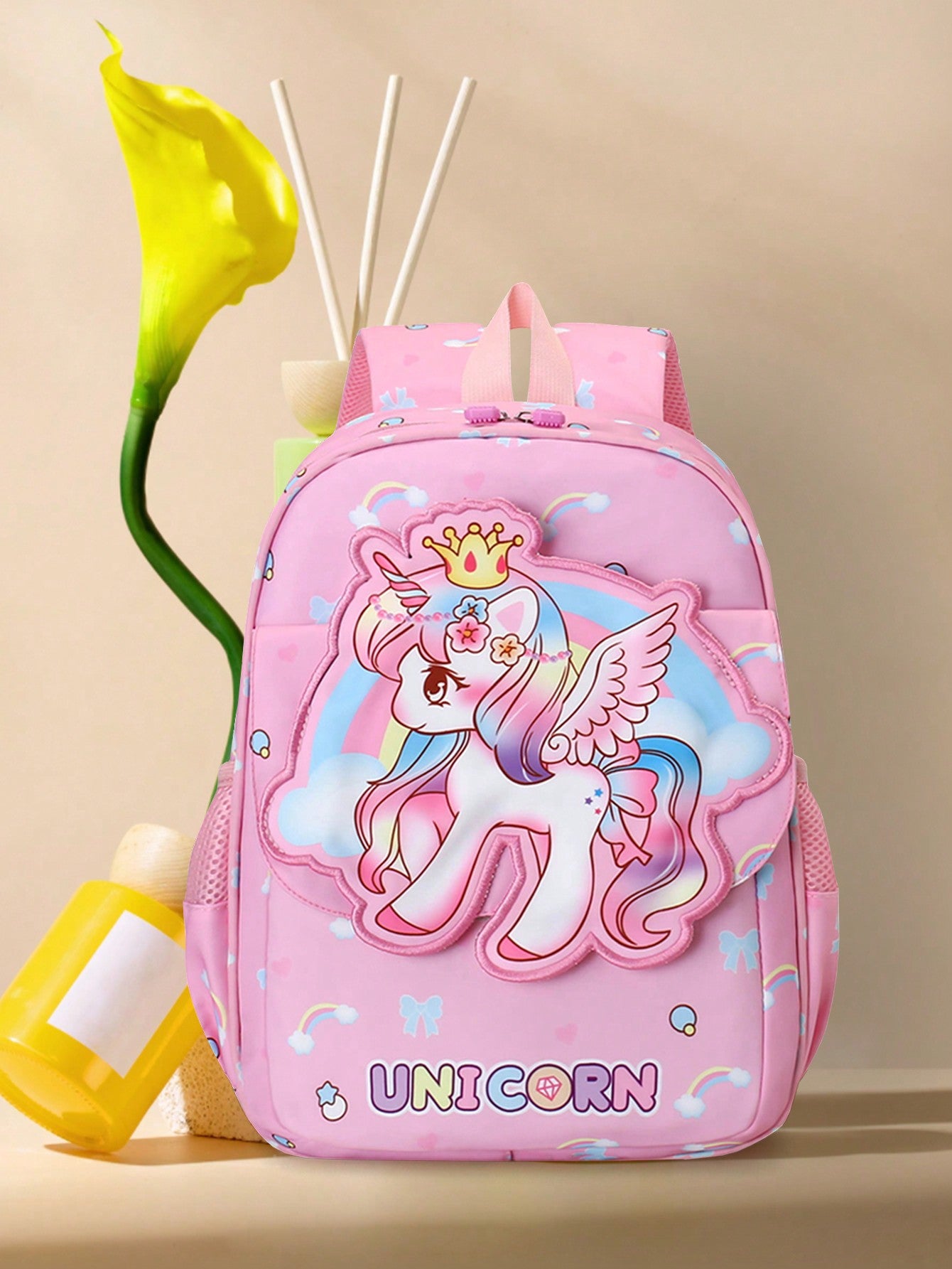 حقيبة ظهر للروضة ذات نمط حصان وردي صغير مع سوستة إغلاق قطعة واحدة للفتيات الصغيرات