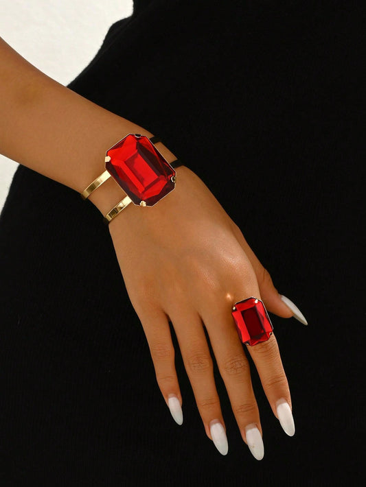 طقم مجوهرات ياقوتي مربع عتيق بخطين، وسوار مفتوح وخاتم، مجوهرات تصريحية أنيقة للنساء