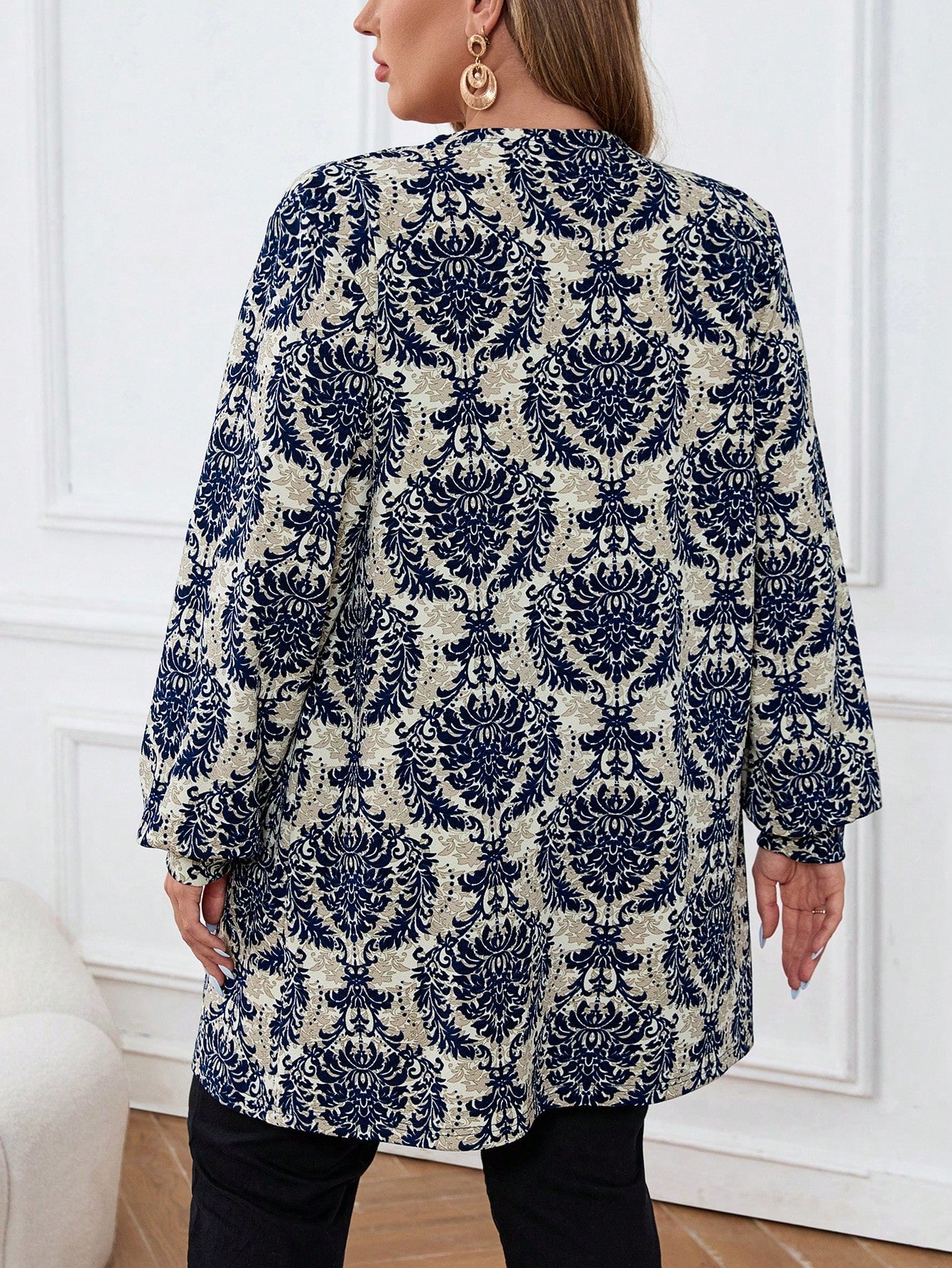 معطف كاجوال بأكمام طويلة بطباعة نباتية مقاس كبير، ملابس الخريف