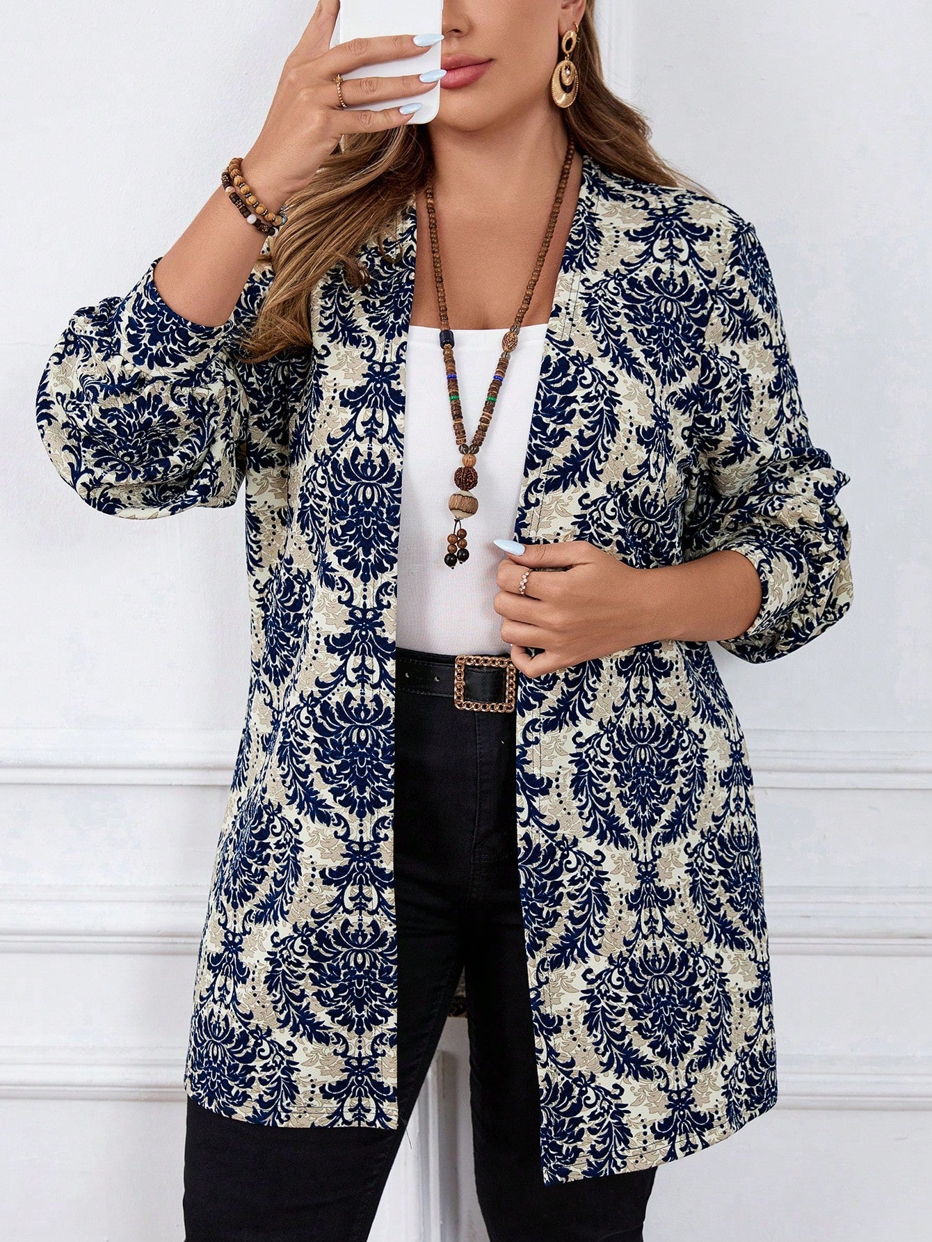 معطف كاجوال بأكمام طويلة بطباعة نباتية مقاس كبير، ملابس الخريف