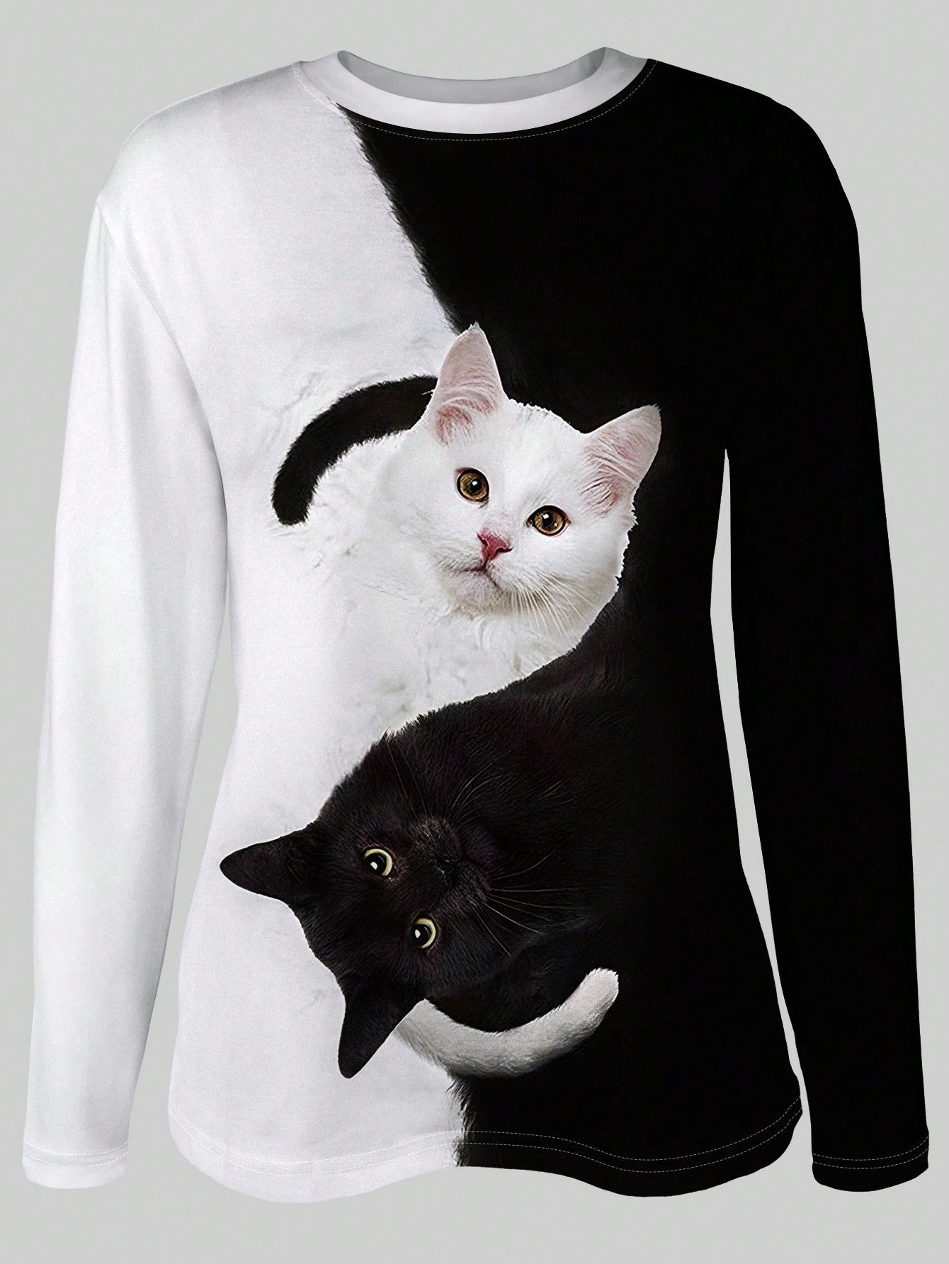 تي شيرت كم طويل نساء ربيعي صيفي عادي بياقة طاقم مطبوع بصورة قطة بألوان متباينة