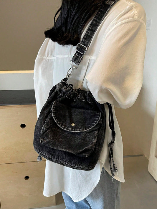 حقيبة دلو ذات قطع عبر الجسم الجينز الجديدة، حقيبة تسوق كاجوال ومتعددة الاستخدامات للمدرسة للنساء