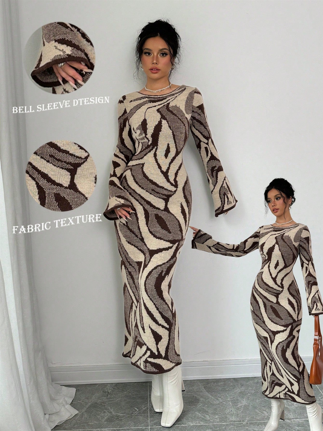 فستان بتنورة مفلطحة مع أكمام مطبوعة ملائم للنساء، خريف وشتاء