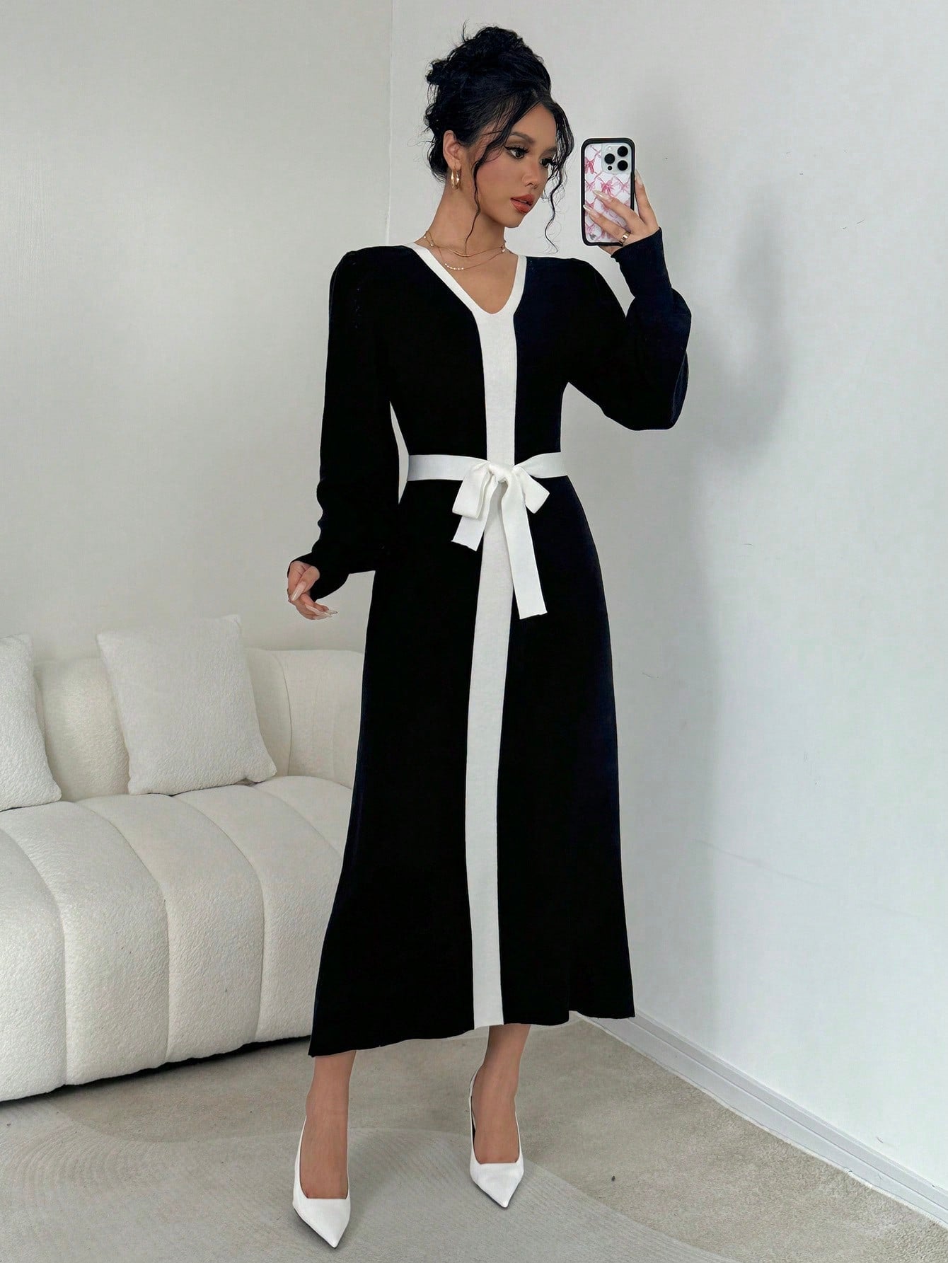 فستان قميص أنيق طويل الأكمام بتفاصيل لون محصور