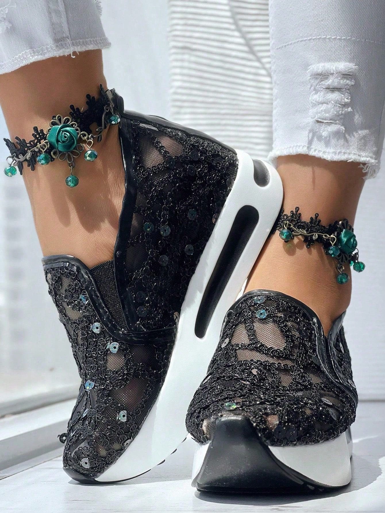 أحذية رياضية منصة سليب أون بريق و شبكة للنساء، أحذية رياضية كاجوال جديدة للخريف