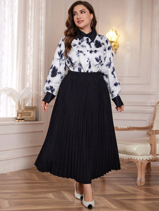 طقم قميص بأزرار وتنورة بطباعة زهرية