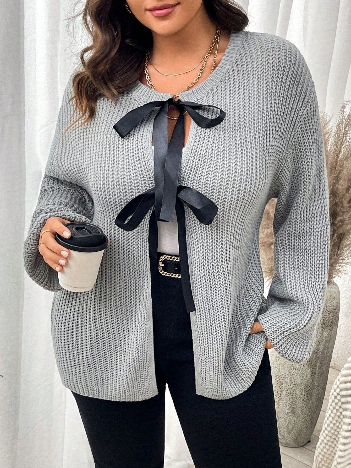 كارديجان فضفاض كاجوال بأكمام طويلة وياقة متساقطة وربطة أمامية للنساء ذوات المقاسات الكبيرة في الخريف والشتاء