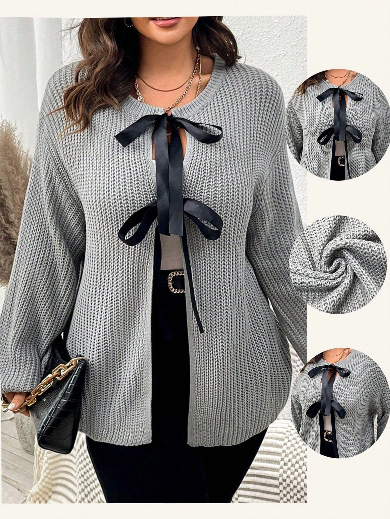 كارديجان فضفاض كاجوال بأكمام طويلة وياقة متساقطة وربطة أمامية للنساء ذوات المقاسات الكبيرة في الخريف والشتاء