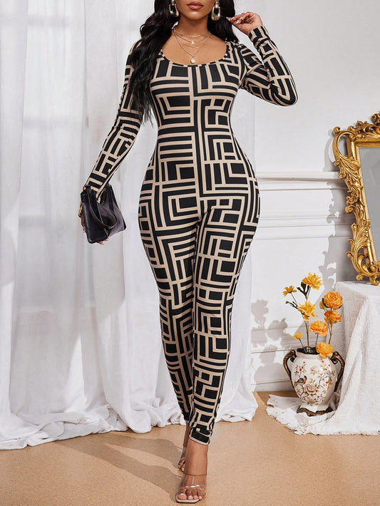 جمبسوت طويلة الأكمام بطباعة هندسية للنساء أربعة مواسم