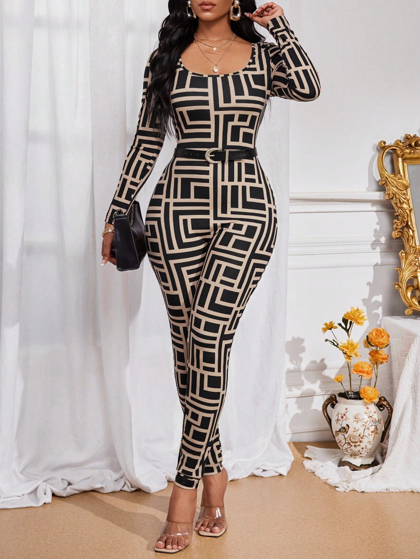 جمبسوت طويلة الأكمام بطباعة هندسية للنساء أربعة مواسم