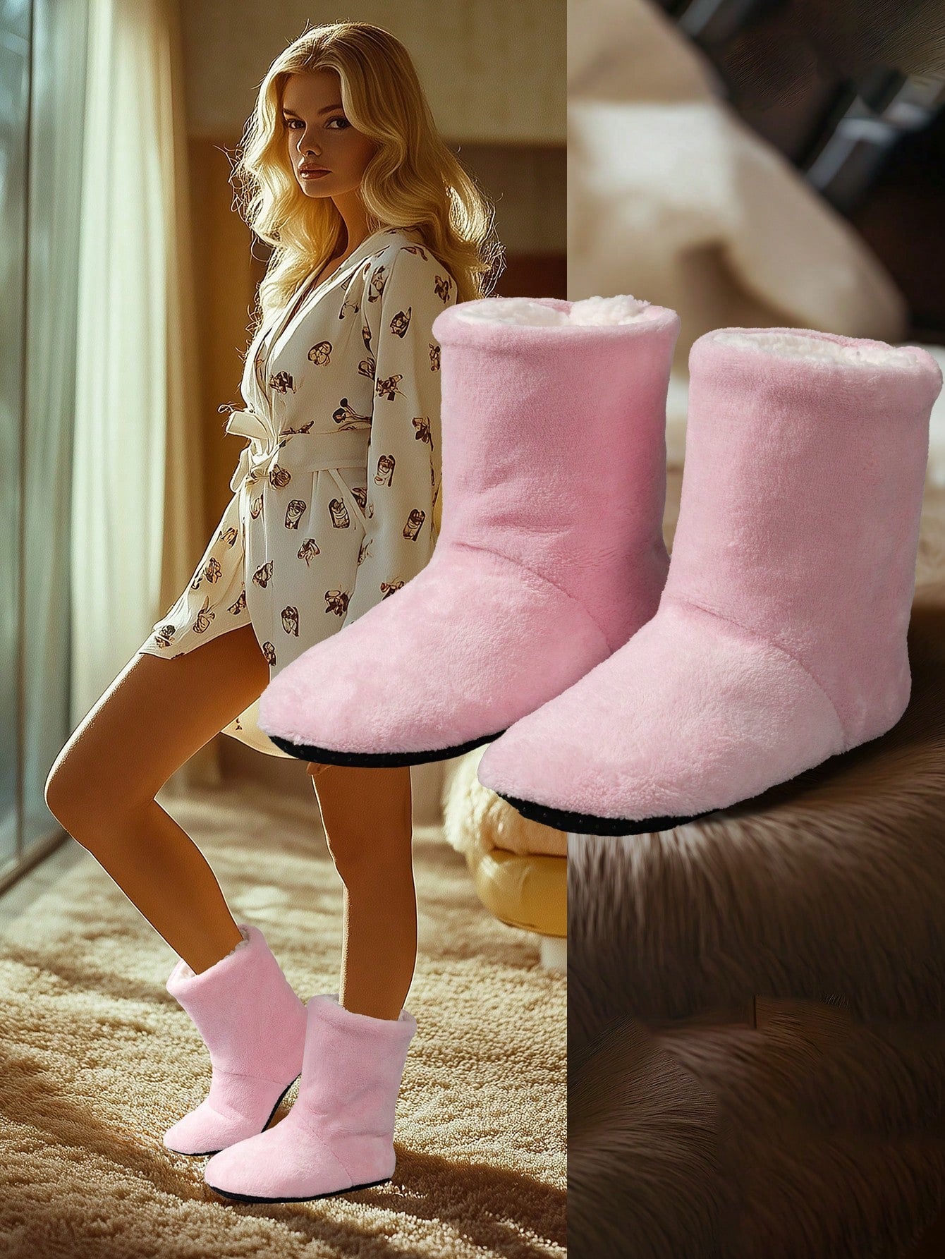 بوت قصيرة برقبة الكاحل الوردية مبطنة بالفرو السميك