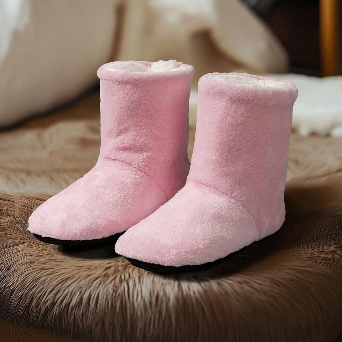 بوت قصيرة برقبة الكاحل الوردية مبطنة بالفرو السميك
