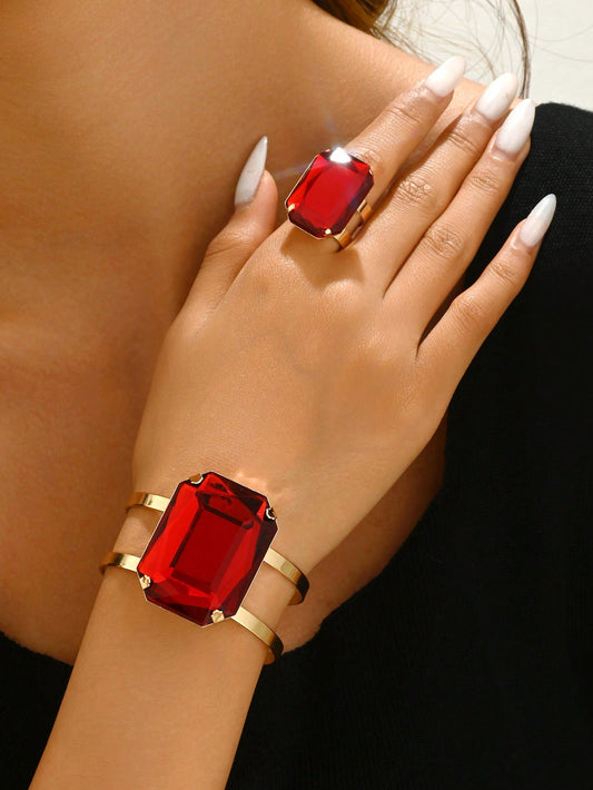 طقم مجوهرات ياقوتي مربع عتيق بخطين، وسوار مفتوح وخاتم، مجوهرات تصريحية أنيقة للنساء