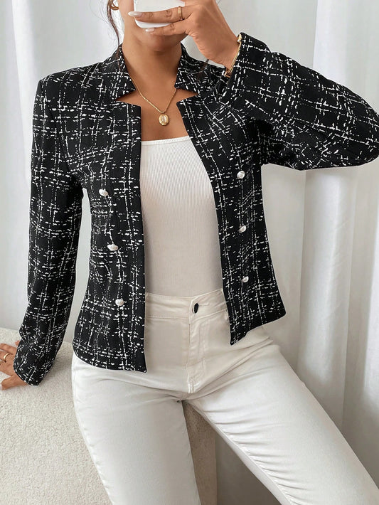 جاكيت منتظمة شيك عادية للعمل ذات ياقة مضلعة مزدوجة الصدر للنساء