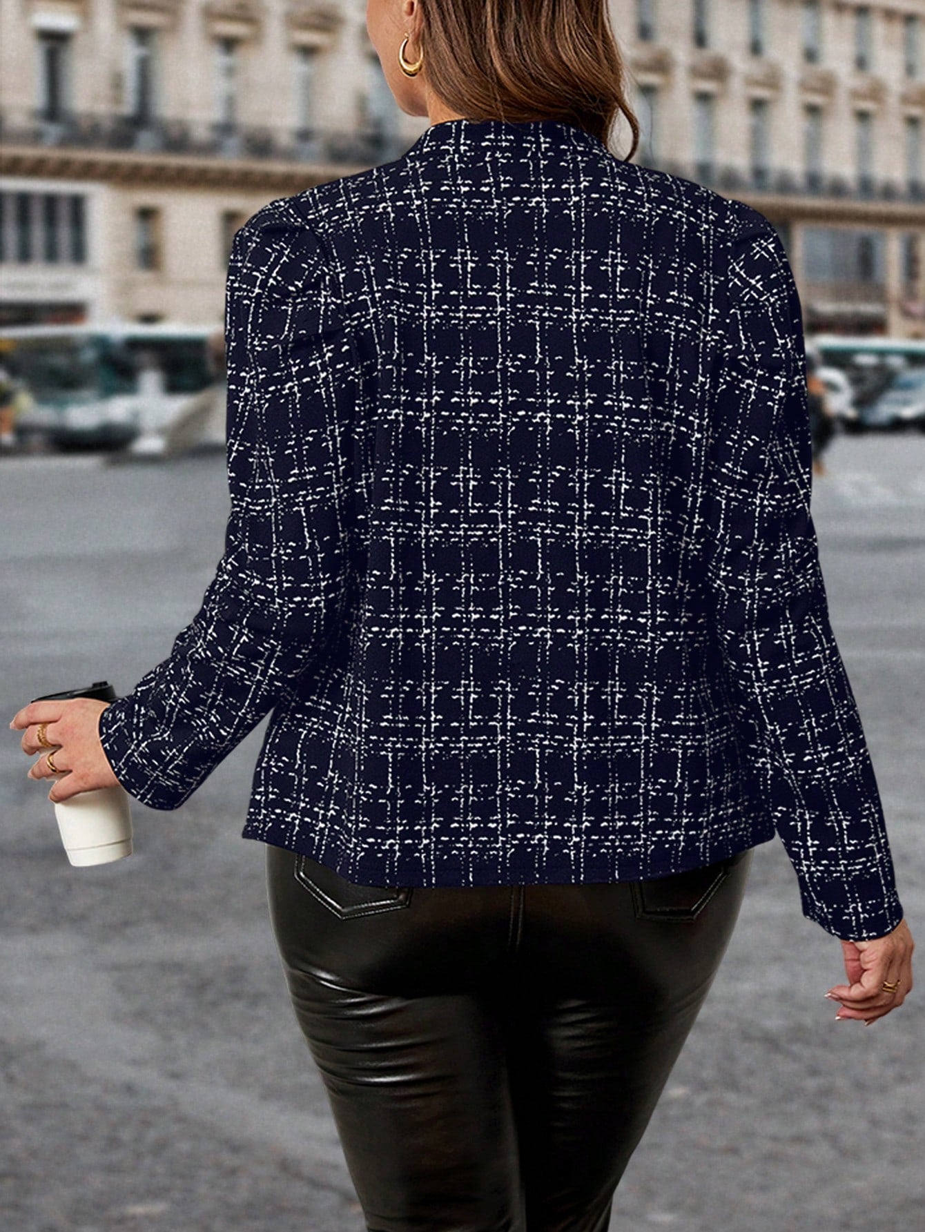 جاكيت من قماش التويد مزينة بأزرار معدنية للنساء كبيرات الحجم، مجموعة أناقة يومية كاجوال للعمل والتنقل