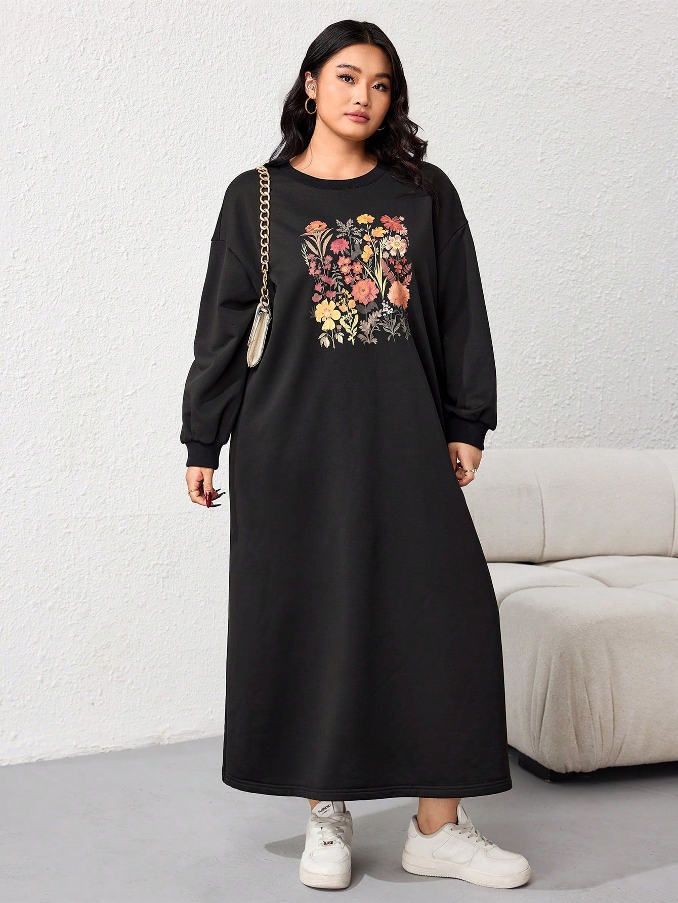 فستان بلوزة رياضية كاجوال بفتحة الكتف المنخفضة وطبعة الأزهار