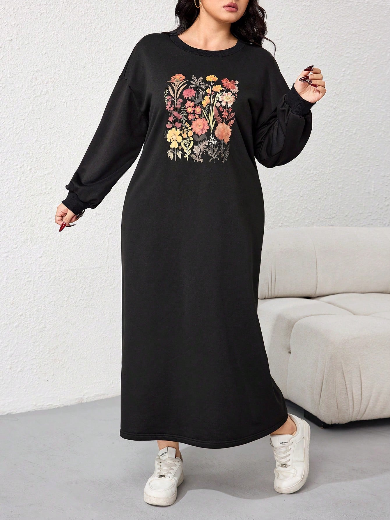 فستان بلوزة رياضية كاجوال بفتحة الكتف المنخفضة وطبعة الأزهار