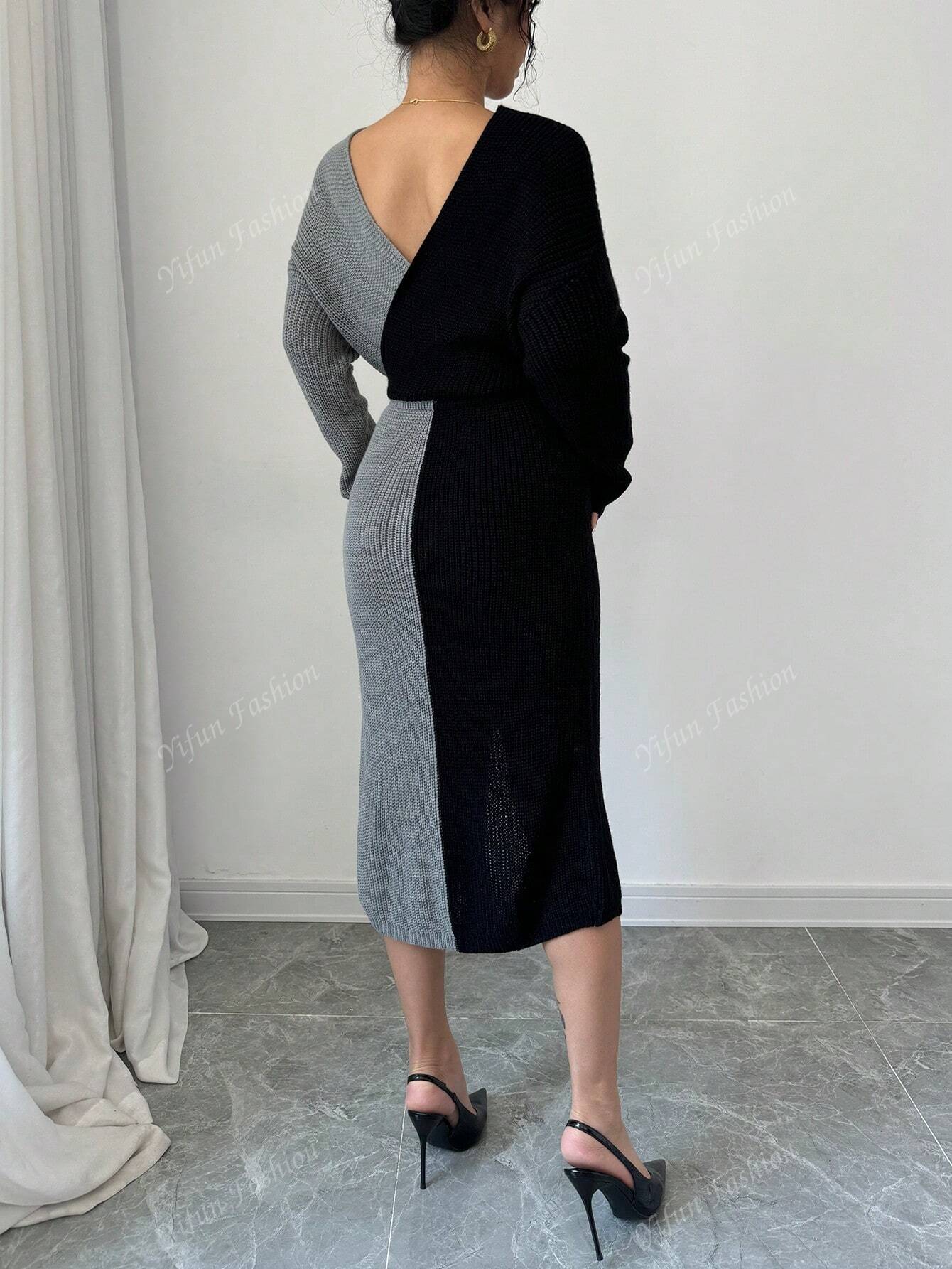 فستان كنزة صوفية مافوق الركبة مُحبوك لخريف وشتاء 2024 - فستان كنزة صوفية مُحبوك بأكمام خفاش باللونين وياقة على شكل حرف V عميق