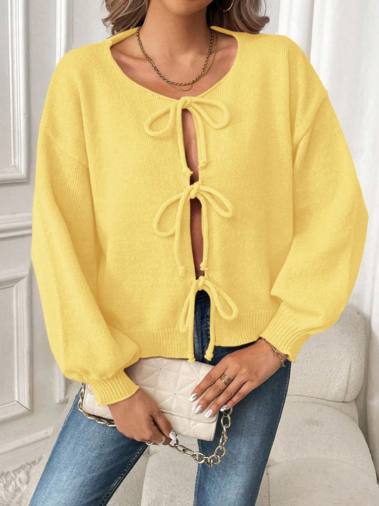 \كارديجان نسائي قصير كاجوال فضفاض بأكمام خفاش مع ربطة فراشة, الخريف