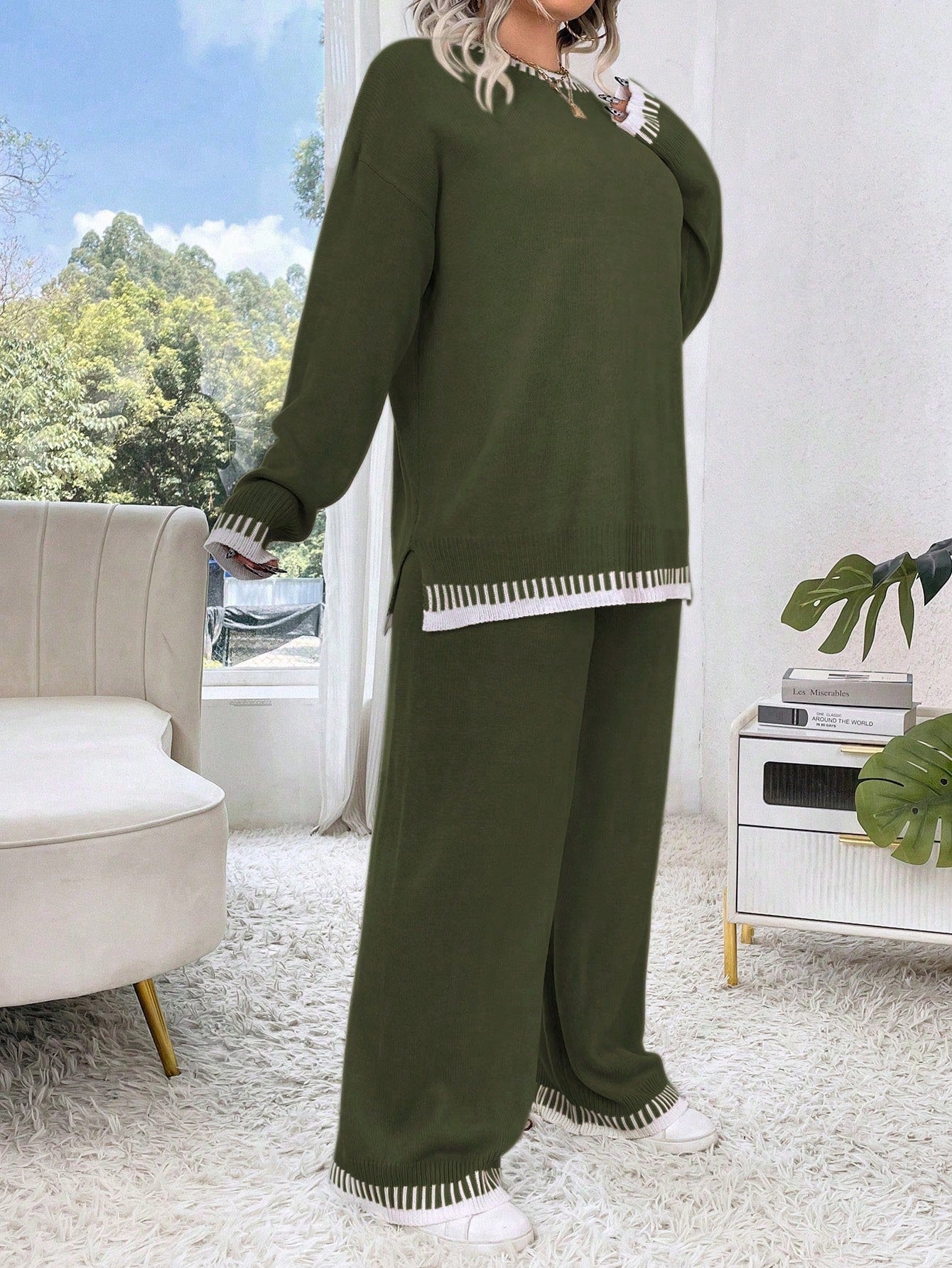 بلوزة وبنطلون منسوج بأكثر من مقاس، بلون متباين رقبة دائرية فضفاضة، مجموعة خريفية/ شتوية، مناسبة لعيد الميلاد
