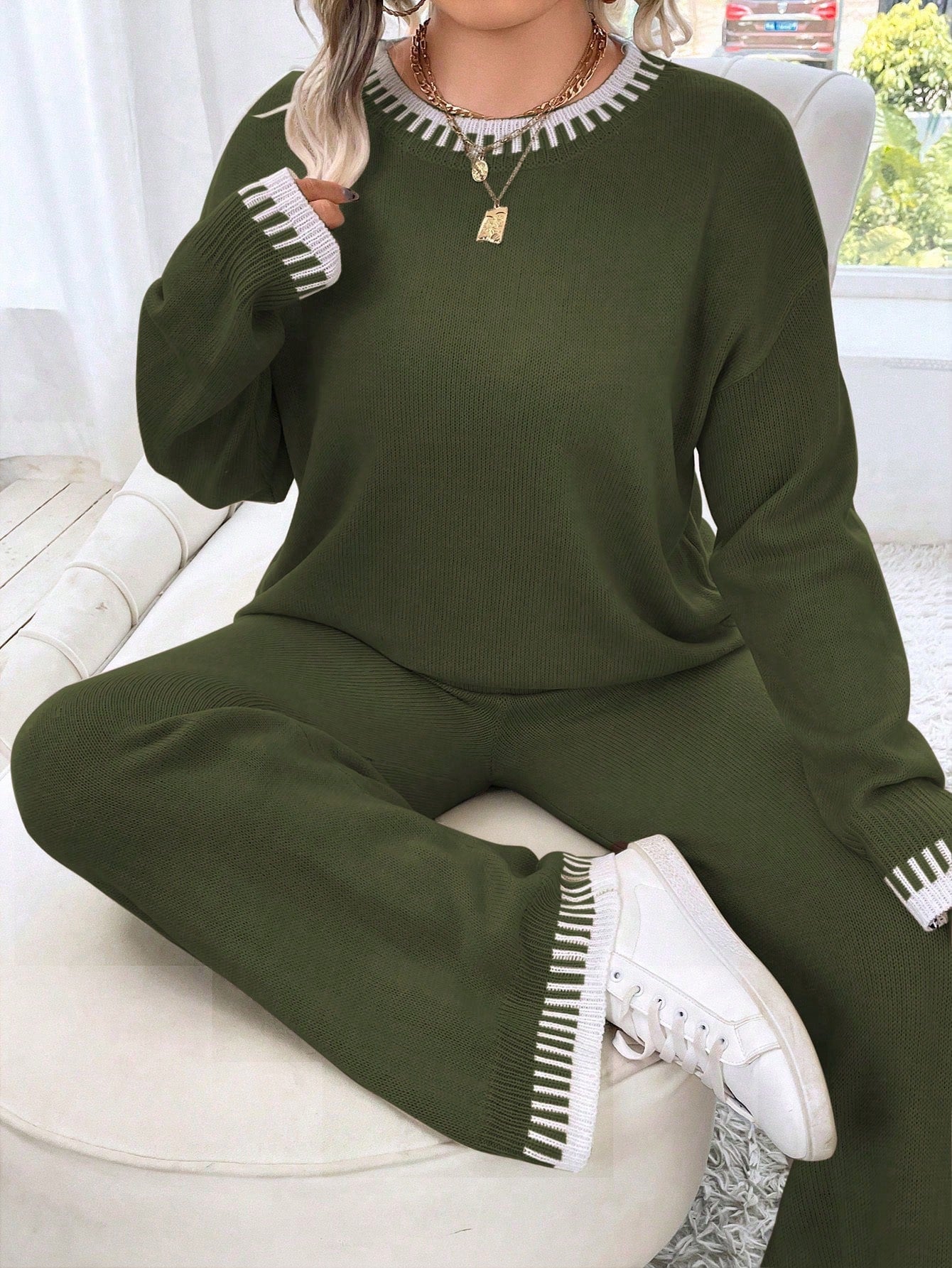 بلوزة وبنطلون منسوج بأكثر من مقاس، بلون متباين رقبة دائرية فضفاضة، مجموعة خريفية/ شتوية، مناسبة لعيد الميلاد