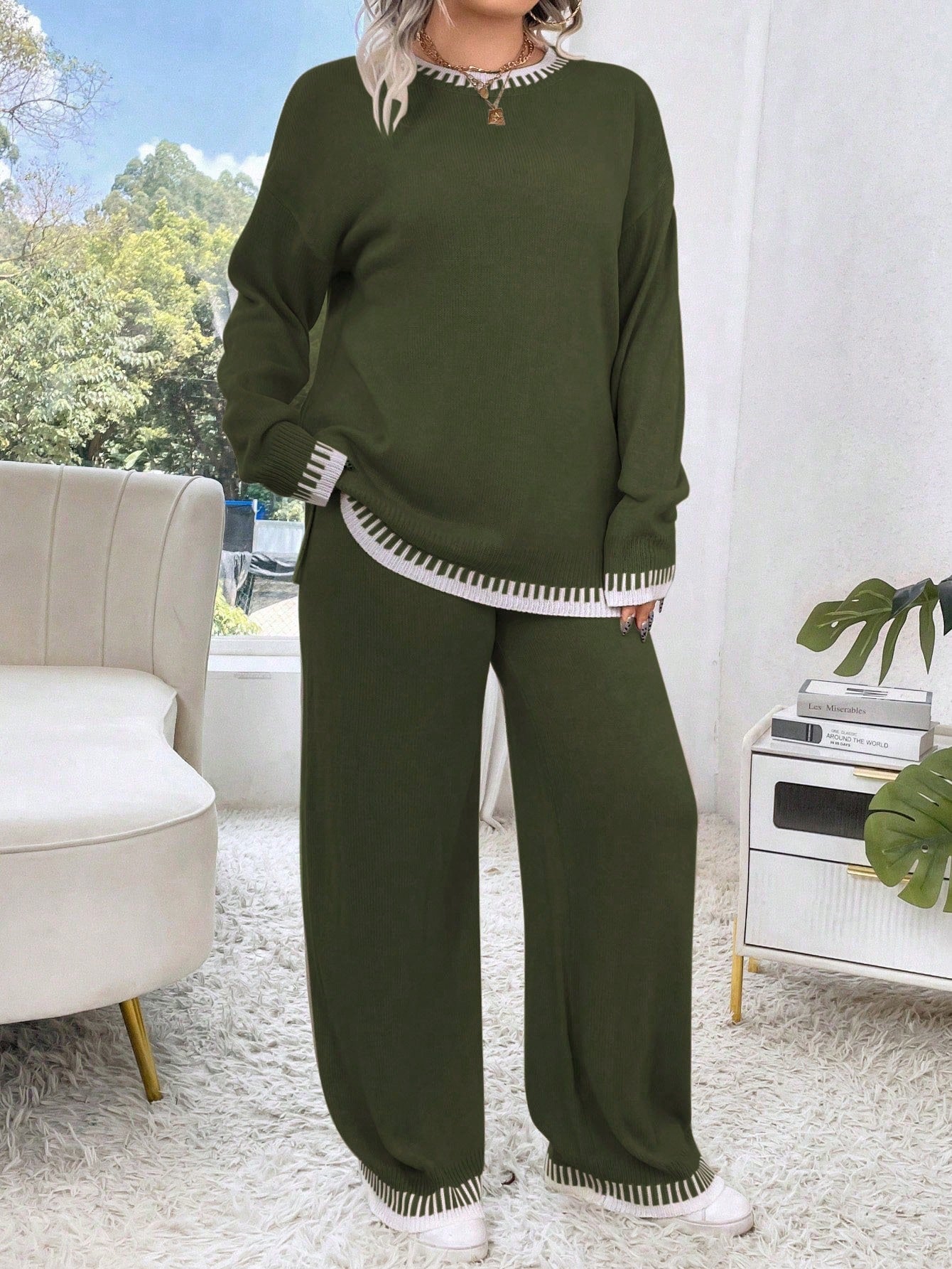 بلوزة وبنطلون منسوج بأكثر من مقاس، بلون متباين رقبة دائرية فضفاضة، مجموعة خريفية/ شتوية، مناسبة لعيد الميلاد