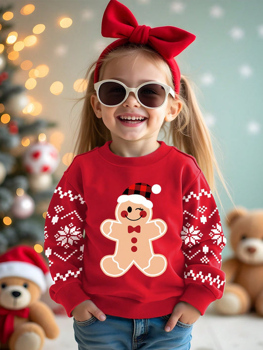 زي عيد الميلاد قميص ثقيل رقبة طاقم مريح بتصميم الرجل زنجبيل المطبوع بشكل رخو وواسع، مناسب للفتيات الصغيرات، مناسب للخريف/الشتاء