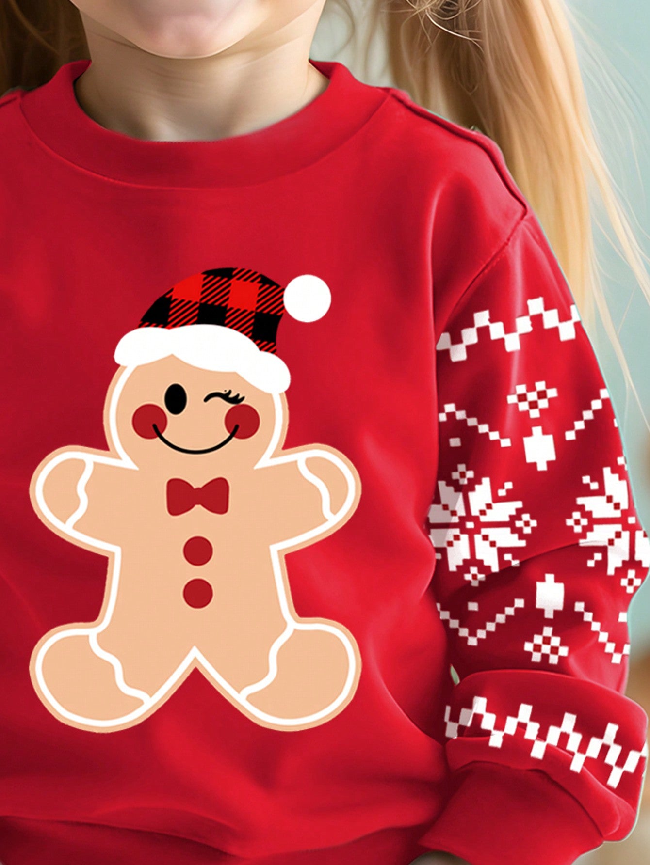 زي عيد الميلاد قميص ثقيل رقبة طاقم مريح بتصميم الرجل زنجبيل المطبوع بشكل رخو وواسع، مناسب للفتيات الصغيرات، مناسب للخريف/الشتاء