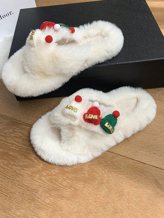نعل داخلي/خارجي سميك من النعالات المنزلية بنقشة سانتا كلوز وشجرة الميلاد البيضاء الناعمة للنساء