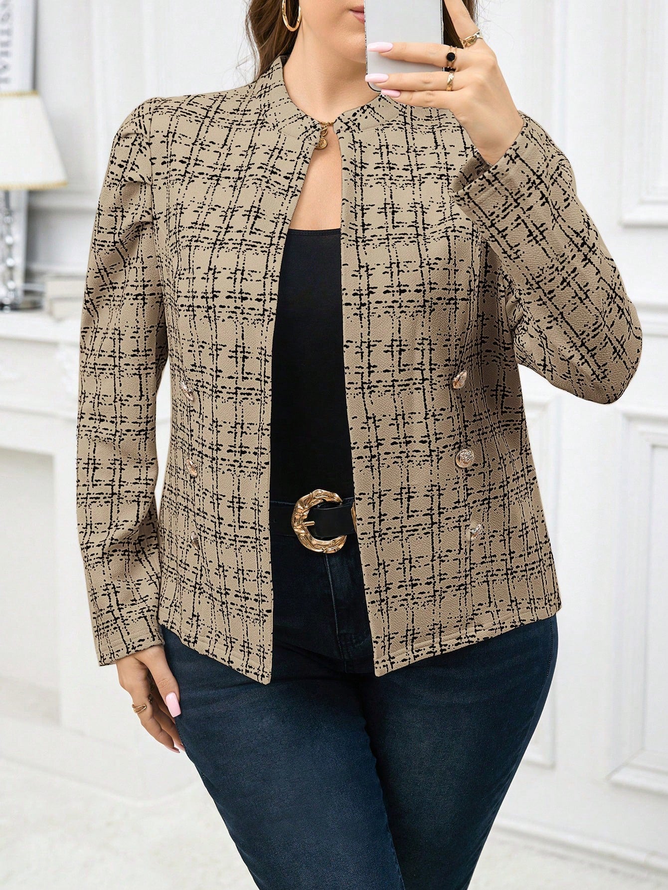 جاكيت نسائي مقاس كبير مصنوع من قماش التويد مزين بإبزيم معدني، طراز أنيق للاستخدام اليومي والذهاب للعمل