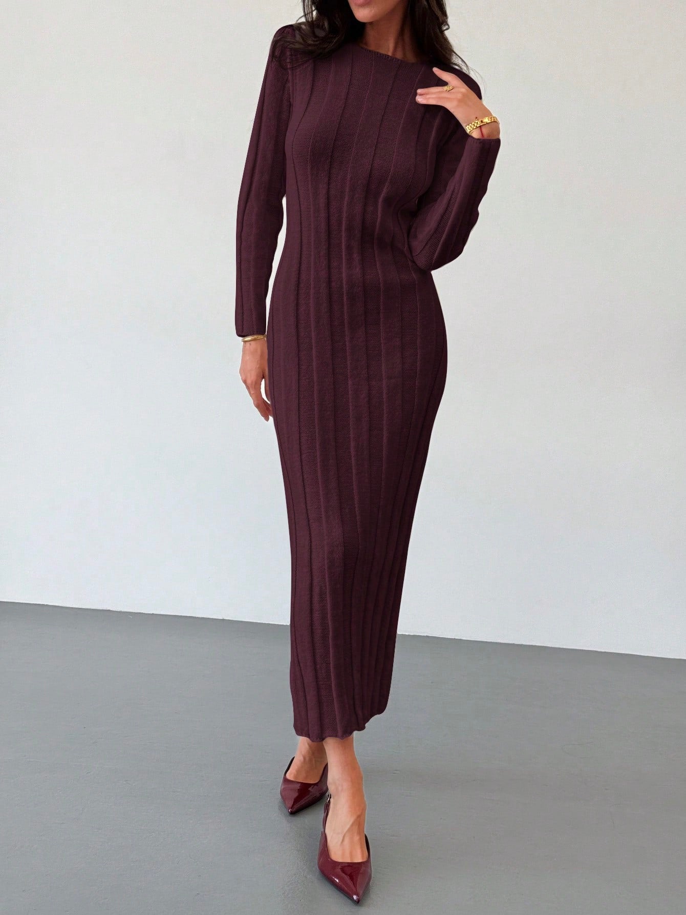 فستان كنزة صوفية طويلة بياقة مستديرة جديد، دافئ ومريح، قطعة متعددة الاستخدامات للارتداء اليومي