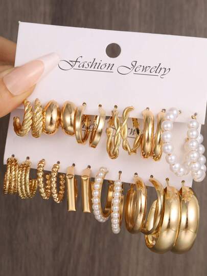 مجموعة 12 قطعة من الأقراط الهندسية البسيطة المصنوعة من اللؤلؤ الصناعي والمعدن للنساء، هدية للأعياد والمواعيد العاطفية والإرتداء اليومي