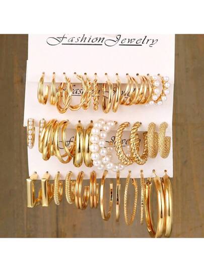 مجموعة 12 قطعة من الأقراط الهندسية البسيطة المصنوعة من اللؤلؤ الصناعي والمعدن للنساء، هدية للأعياد والمواعيد العاطفية والإرتداء اليومي