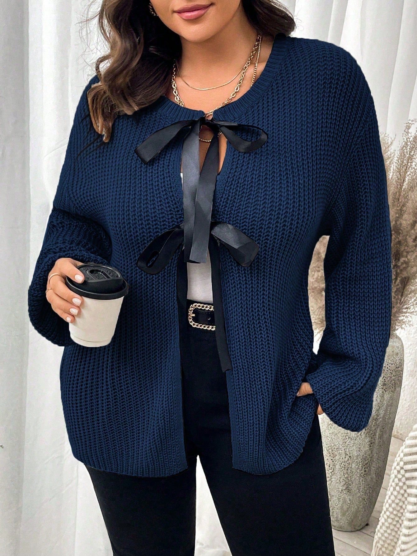 كارديجان نسائي كاجوال ذو أكمام طويلة وياقة منسدلة مقاس كبير