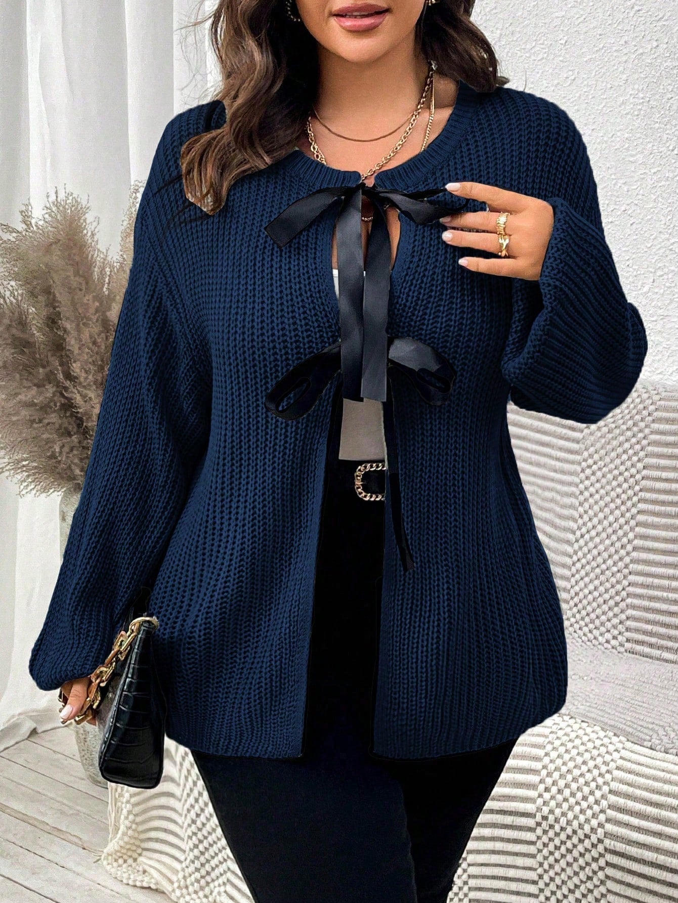 كارديجان نسائي كاجوال ذو أكمام طويلة وياقة منسدلة مقاس كبير