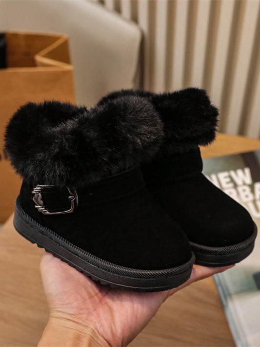 بوت ثلج سميكة وساخنة مزينة بشريط فرو أطفال وإبزيم