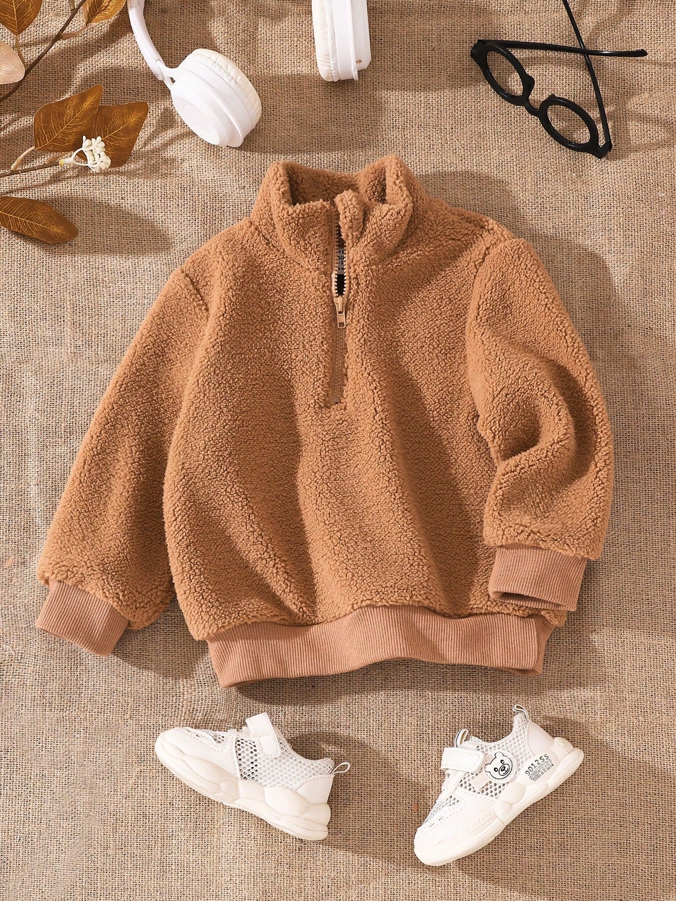 بلوزة هودي بأكمام طويلة مبطنة بالبر للرجال/أولاد الرضع خاكي عادي