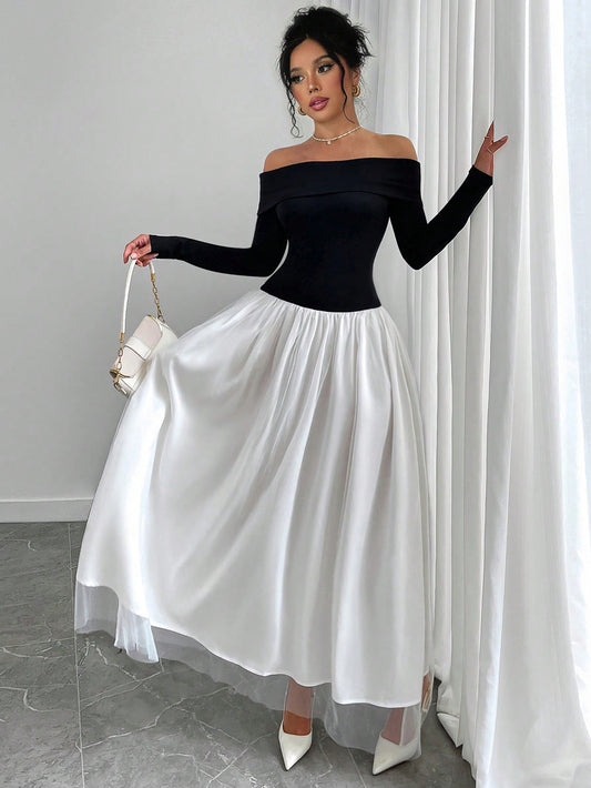 فستان أنيق للنساء من الأكتاف المكشوف، أكمام طويلة محبوكة، مقطع على شكل حرف A، مزين بشبكة، باللونين الأبيض والأسود، للخريف