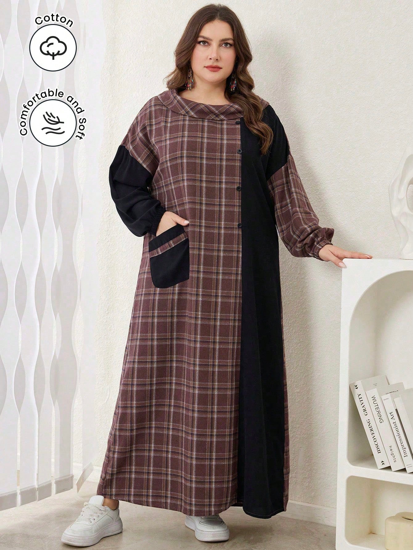فستان كبير الحجم للسيدات بطراز عربي كاجوال مصنوع من قماش مربعات مرقع، بأكمام طويلة
