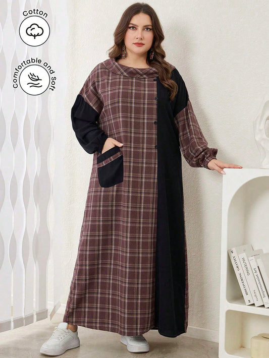 فستان كبير الحجم للسيدات بطراز عربي كاجوال مصنوع من قماش مربعات مرقع، بأكمام طويلة