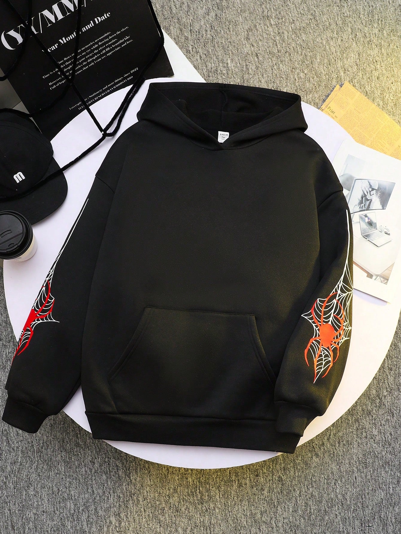 قميص ثقيل هودي بلون رمادي للمرأة المراهقة ذو نمط شبكة عنكبوتية لهالوين للخروجات اليومية في فصلي الخريف والشتاء