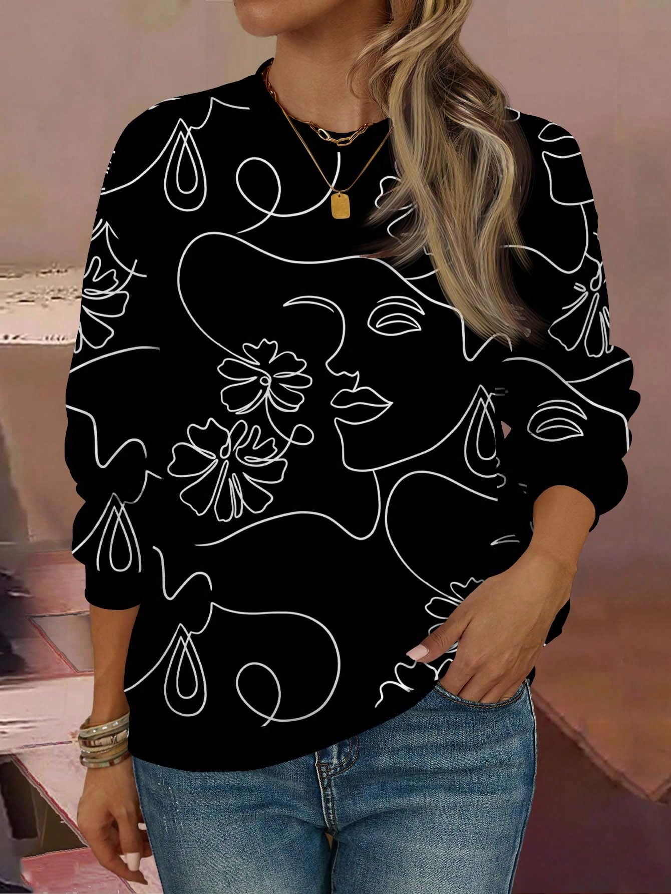 بلوزة رياضية كاجوال دائرية الرقبة سميكة اللباد مطبوعة برسومات خطوط بسيطة للنساء ،للموسم الانتقالي بين الخريف والشتاء
