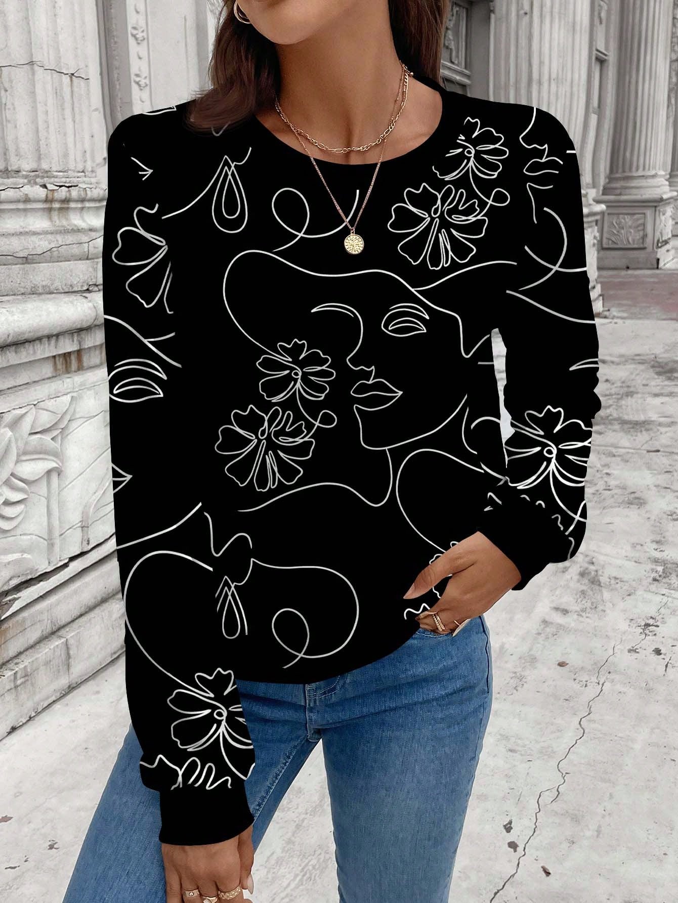 بلوزة رياضية كاجوال دائرية الرقبة سميكة اللباد مطبوعة برسومات خطوط بسيطة للنساء ،للموسم الانتقالي بين الخريف والشتاء