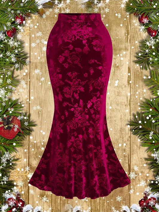 تنورة أنيقة نصف دائرية من القطيفة والجاكارد عالية الخصر مقاسات كبيرة