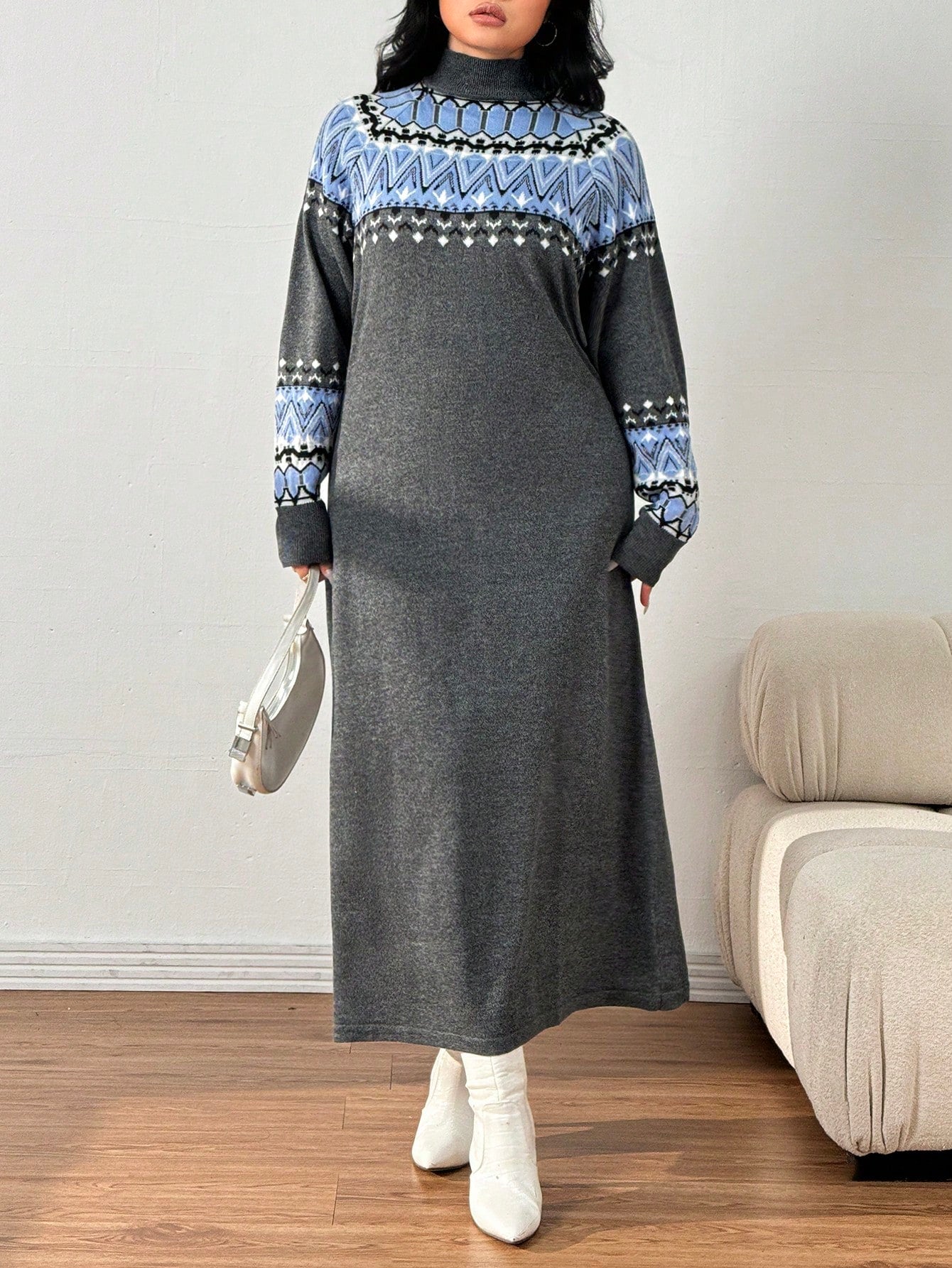 فستان سويتر طويل أكمام طويلة ياقة عالية،